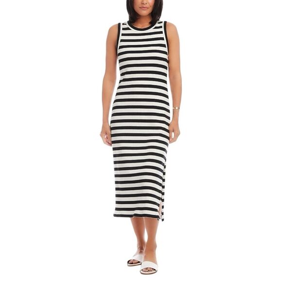 Karen Kane Ribbed Black Cream Striped Sleeveless Midi Tank Column Dress M NWT - Picture 1 of 14